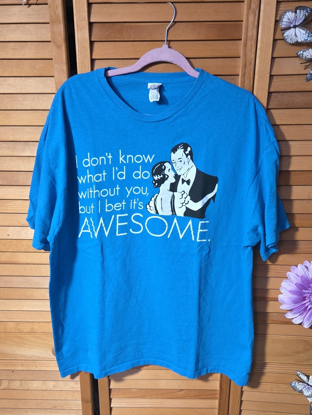 Delta Bright Blue Short-Sleeve Tee with Retro Couple Graphic and 'AWESOME' Text